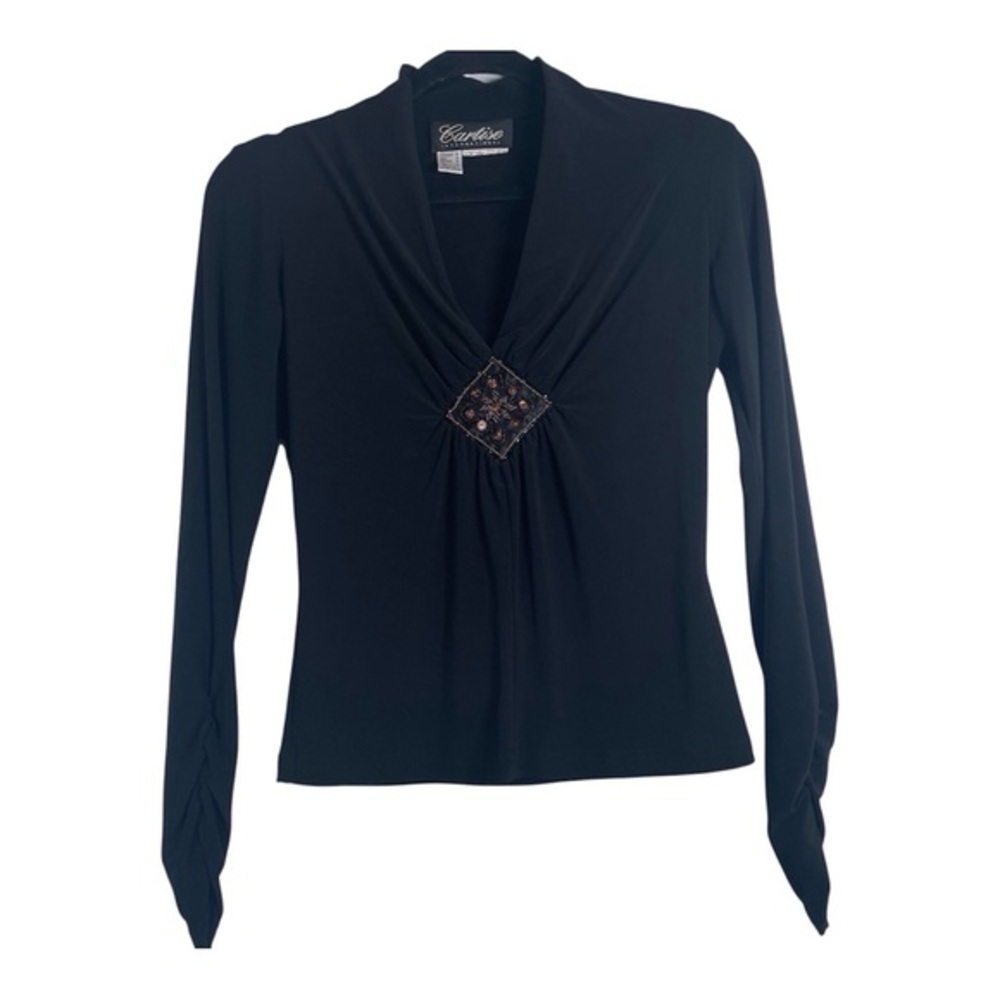 Cartise International Size 6 Black Embellished Elegant  V-Neck Glam Chic Blouse